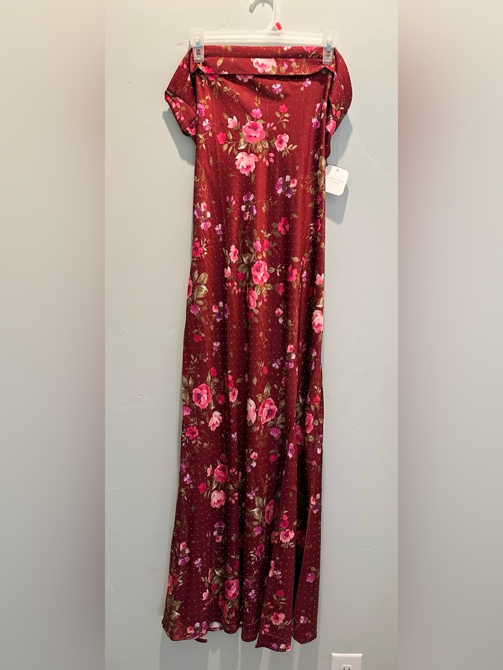 Altar'd State Maroon Floral Maxi Dress with Pink Roses with Small Gold Studding